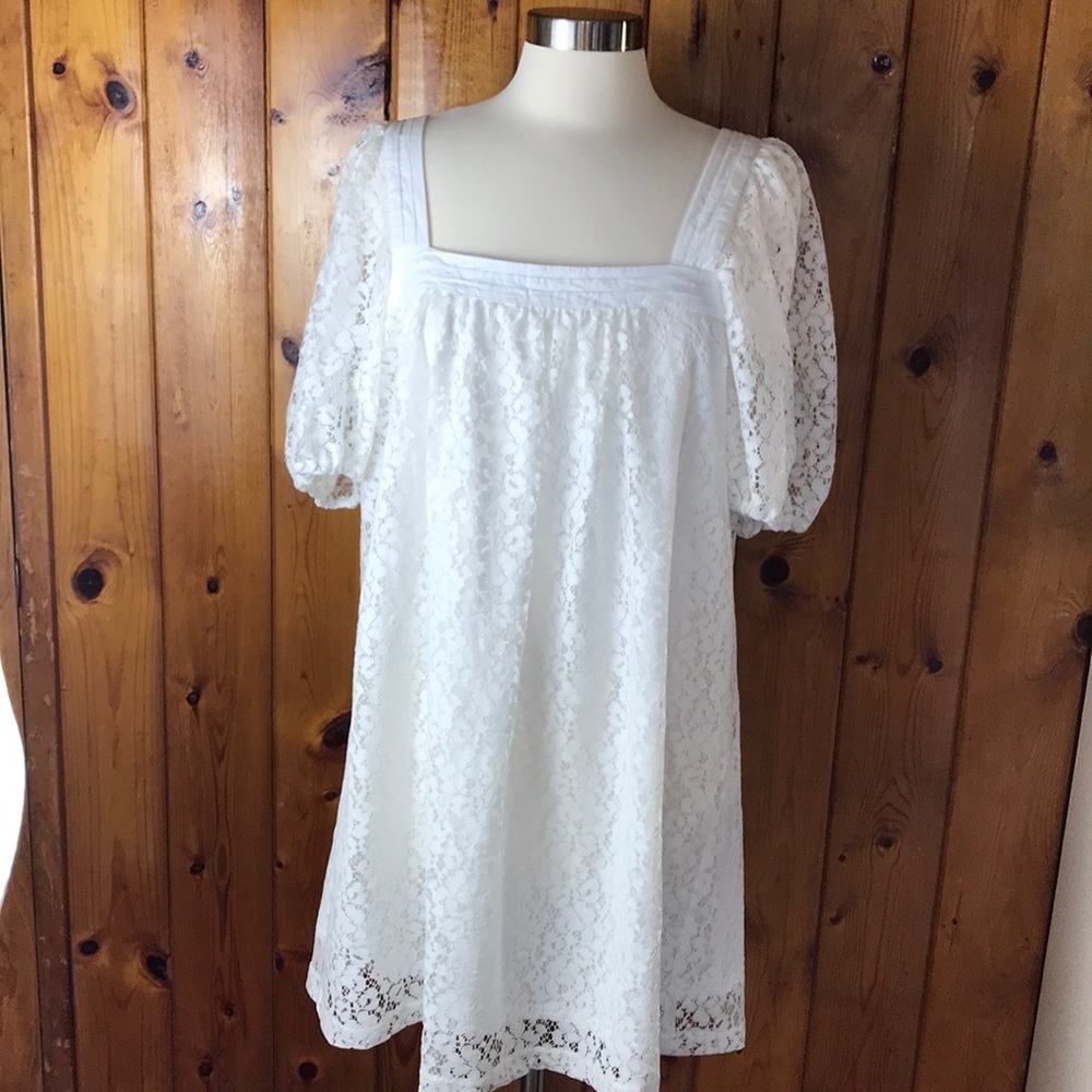 Poof sleeve white lace mini dress
